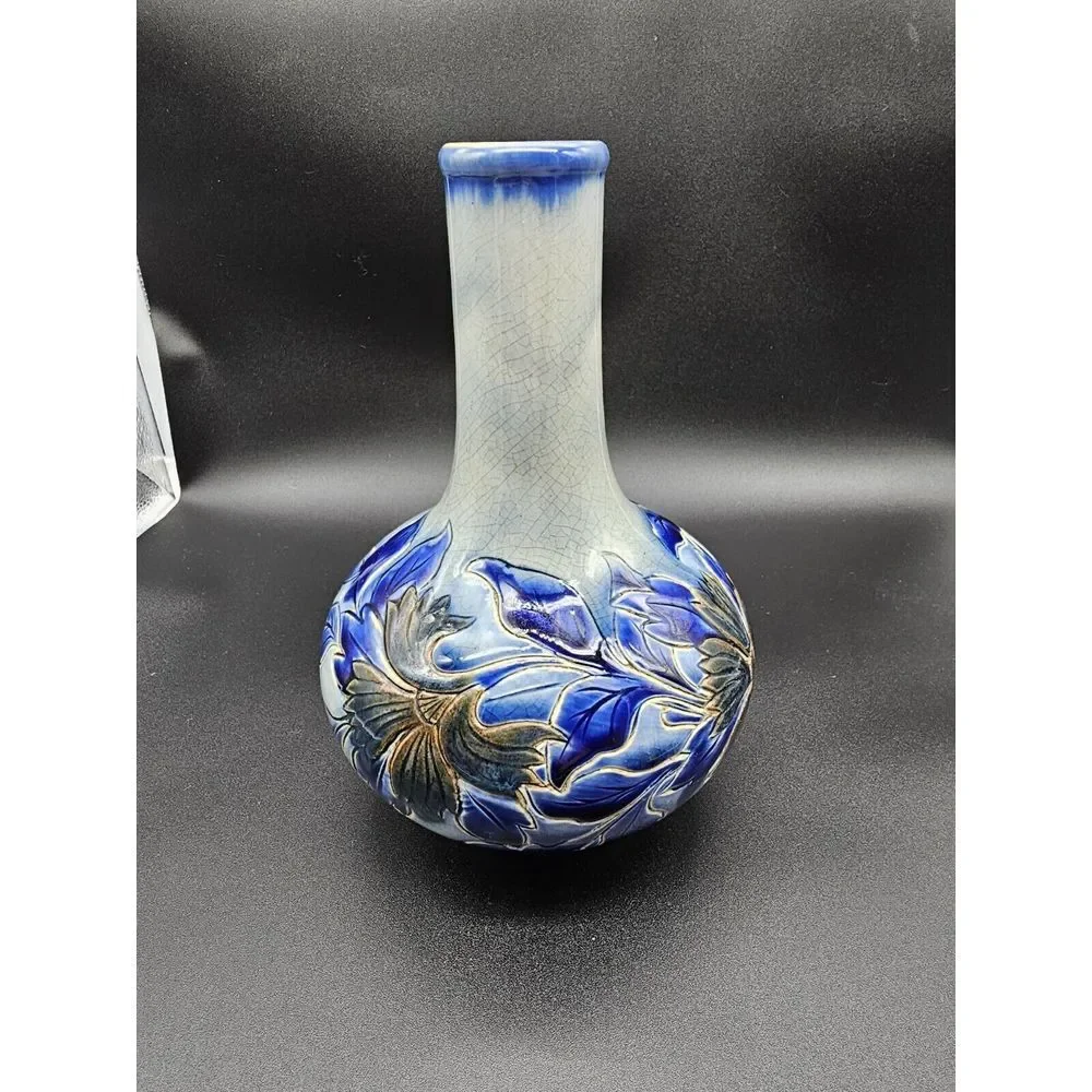 Antique‎ Doulton Lambeth Vase 1881 Signed By Louise E Edwards Cobalt Floral